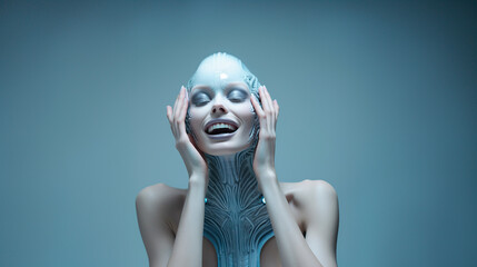 3d rendering of a female robot with blue hair and blue eyes