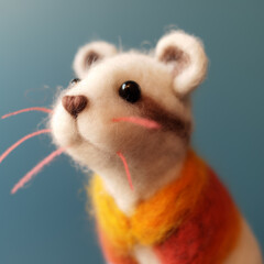 A felted figurine of a white and orange ferret. A close-up portrait of a cute mink toy made of wool. AI-generated