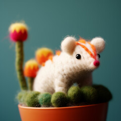 A felted figurine of a little mouse on a cactus. A cute white mouse toy made of wool in a pot with a houseplant. AI-generated