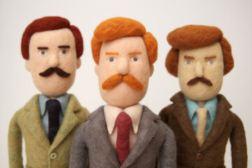 Three felted figurines of serious men wearing suits. Waist-up portrait of 3 male dolls with moustache. AI-generated