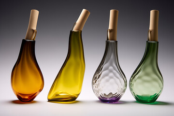 A stylish set of four glass bottles with elegant and vibrant designs arranged in a row. The transparent bottles have various curious and weird shapes that make them unique. AI-generated