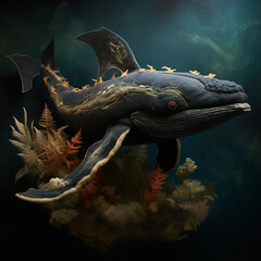 A toy whale made of fabric in the underwater world surrounded by seaweed. A handmade sea animal in deep dark water. AI-generated