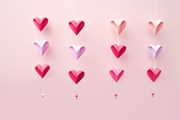 Festive garlands of paper hearts in pink and red hues hung in rows against a wall. The origami hearts are cute and decorative, an ideal handmade ornament for Valentine's Day. AI-generated