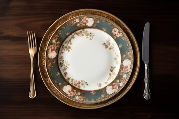 Simple table setting with two empty plates, a fork and a knife. Top view of fancy tableware on a wooden table. AI-generated
