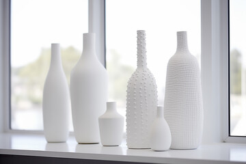 A beautiful still life of several white ceramic vases arranged in a row on a windowsill in front of a window. Airy and light room decorated with minimalism and modern aesthetics. AI-generated