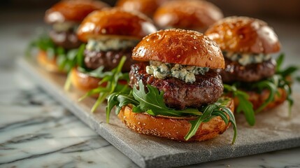 Gourmet mini burgers with blue cheese and arugula