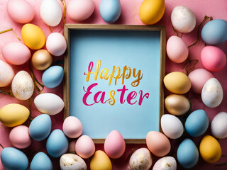 Stylish text frame of the lightbox with the inscription happy easter. Pink, blue, white, gold, and yellow eggs are everywhere. Colorful Easter eggs top view. Copyspace