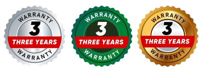 three 3 years warranty badge emblem seal set guarantee collection in silver green and gold premium circle shape
