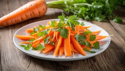 A white plate with carrots and parsley