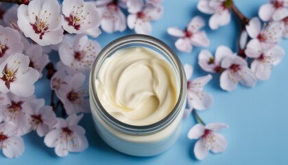 A jar of lotion with a flower background