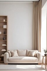 Minimalist Japanese interior design for modern living room. Stylish sofa and pouf near the window with beige curtains against the background of a blank wall with a bookshelf and copy space.