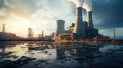 Golden Hour Industry: Power Plant at Sunset - obrazy, fototapety, plakaty