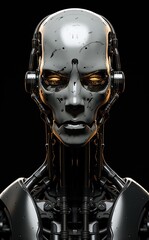 Naklejka premium Face portrait of a male robot on a black background. Artificial intelligence and future technology concept. AI generated illustration.