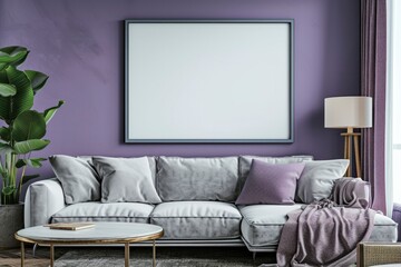 Lavender-hued room with grey couch, plant, and minimal decor.