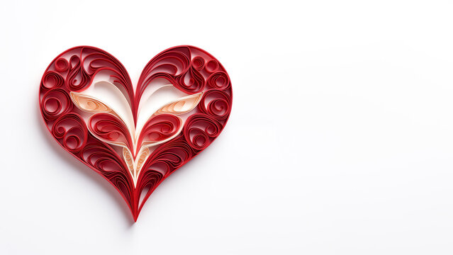 Red heart shape, paper quilling craft, 3d paper decoration. Valentines day concept, Mothers day or anniversary greeting card design