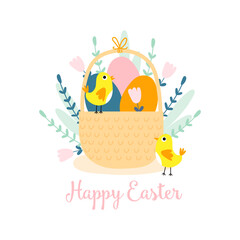 Happy easter card with cute chicken. Vector illustrations