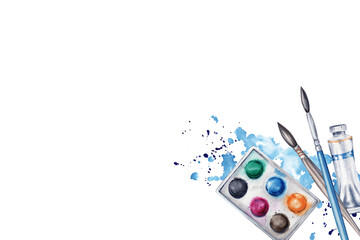 Card design with Artistic Brush, Paint set and blue splashes. Watercolor Illustration isolated on transparent background. Hand painted design for post cards, certificates, flyers. Space for your text.