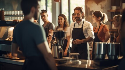The picture shows an action of a group of professional baristas teaching a group of barista students in a coffee shop