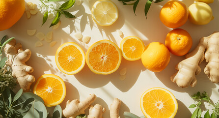 A flat lay of oranges, lemons and ginger roots on a light surface. Green leaves interspersed among the fruits add a touch of freshness. Health and wellness themes background.