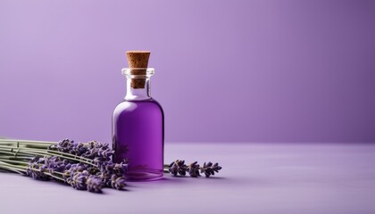 A bottle of lavender oil with purple flowers on a purple background
