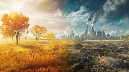 A powerful image depicting the impact of climate change on Earth's environment, focusing on damaged landscapes and the effects of global warming The scene includes areas suffering from drought - obrazy, fototapety, plakaty