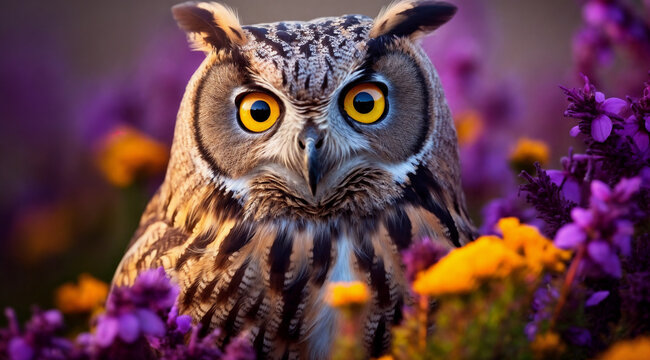 an owl with yellow eyes is sitting in a field of flowers and purple flowers with yellow eyes and yellow eyes, generative ai