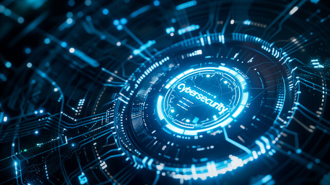 A complex digital Interface with the word “cybersecurity” and intricate blue digital circuit patterns. The theme of digital safety. 