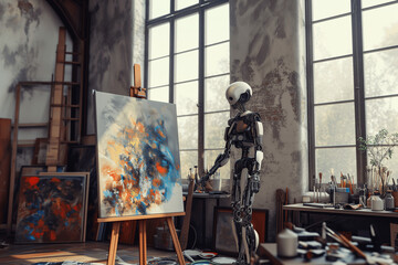 Robot Painting on Canvas in Art Studio