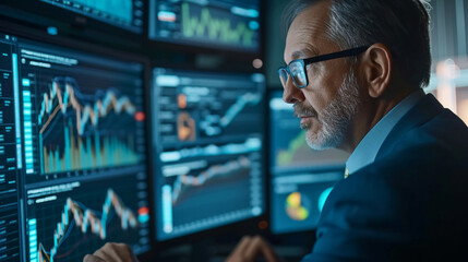 A professional setting where a financial expert is deeply engaged in examining stock market analytics on advanced computer screens The screens display a diverse range of data-driven insights, i