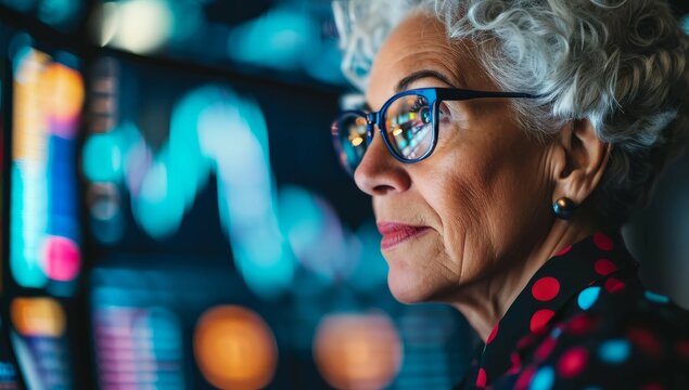 Woman stock exchange manager, trader, Dow Jones stock market analysis on wall street Finance Trade Manager Stock Market Indicators for Optimal Investment Strategy - Navigating Financial Data - Powered by Adobe