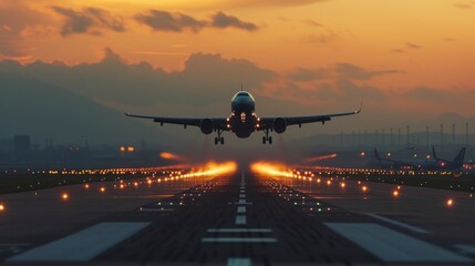 airplane taking off from a large airport in a beautiful sunrise