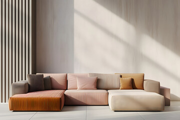  a three sectional couch in neutral colors sitting against a white wall