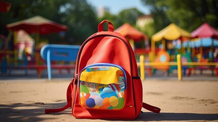 Vibrant Red Schoolbag with Colorful Supplies – Child's Backpack, Pens, Pencils, Books, and Playful Recess Atmosphere on School Playground