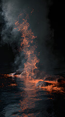  water under rock and fire on dark  