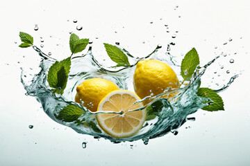 Fresh lemon and mint falling into water with splash, isolated on white background. Ai Generated