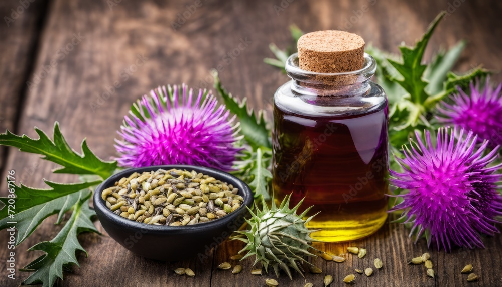 Poster A wooden table with a bottle of oil, seeds and flowers