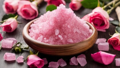 A bowl of pink salt with rose petals around it