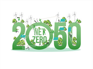Employees collaborating for target goal in the year 2050. ESG sustainability business policy develop for net zero carbon footprint, emission