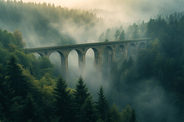 Aerial photo of a bridge over a misty forest, early morning shot