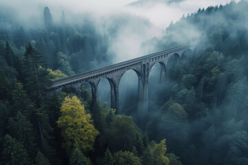 Obraz premium Aerial photo of a bridge over a misty forest, early morning shot