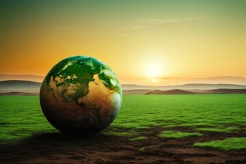 globe on a field of grass with the sun rise Environmental Awareness Fantasy, nature or learning concept with empty space.