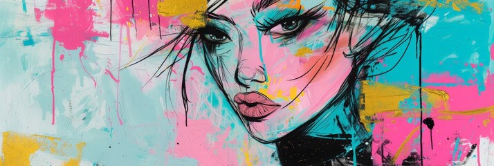 Scribbles Line Artwork of a Woman with open Eyes - Tea Rose, Turquoise, Black, Mauve Pink and Pastel Blue Color Palette - Surreal Expressionist Female Background created with Generative AI Technology - obrazy, fototapety, plakaty