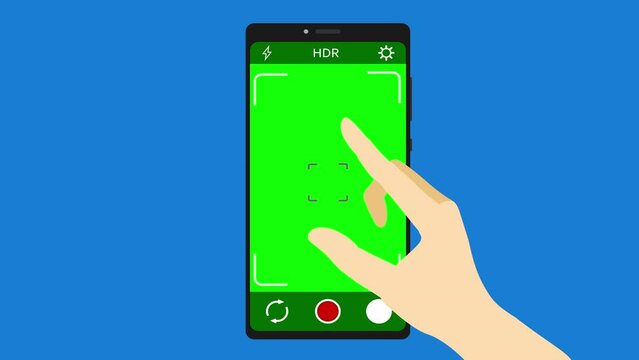 A woman enlarges the image on the smartphone screen with her fingers, 2D animation, green background.