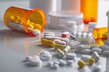 Tablets, pills, various medicaments, broad spectrum of medicines. Weight loss medication, antiviral drugs combat infections. Nurses give Natural remedies and alternative healing methods medications.