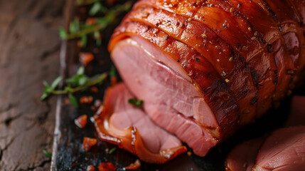 Delicious smoked ham on a wooden board with spices.