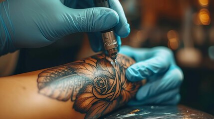 Close up of a tattoo artist creating a beautiful design on a woman s leg with a tattoo machine