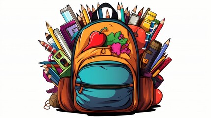 Vibrant child's schoolbag illustration with colorful pencils and notebooks, back to school supplies for classroom and recess - obrazy, fototapety, plakaty
