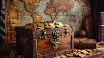 Antique treasure chest overflowing with gold coins amidst vintage books and maps.
