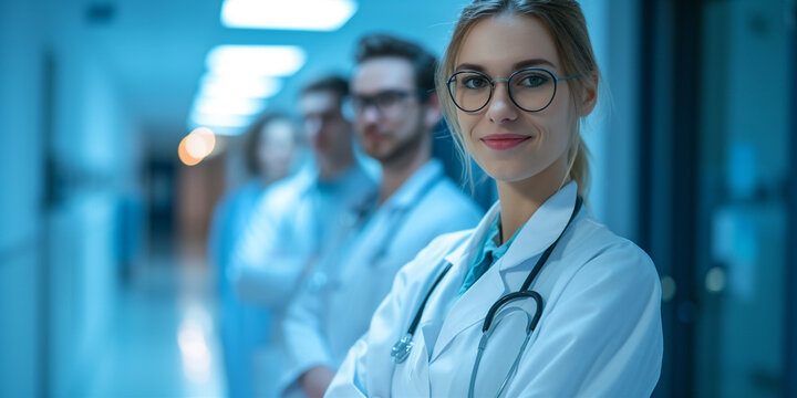 Doctors crossing their arms looking forward with stethoscope