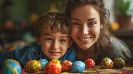 Fototapeta na wymiar Portrait of a mother and child smiling next to colorful Easter eggs.